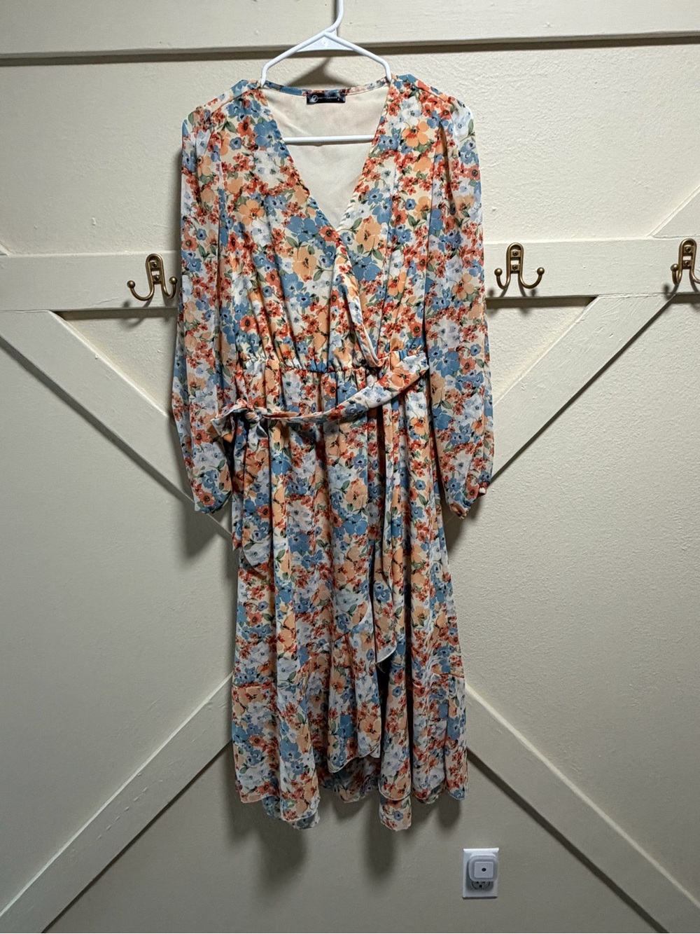 Floral Wrap Midi Dress in Peach, Blue & White